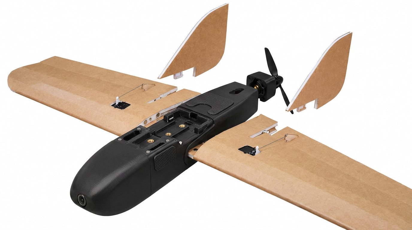 Parallax Aerofold modular target drone render with removable wing and tail elements