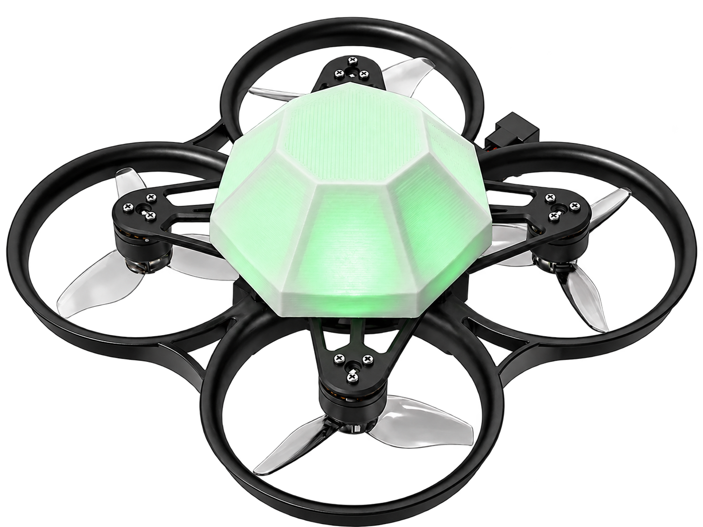 Parallax Arena drone concept with propeller guards and a green-illuminated TPU capsule