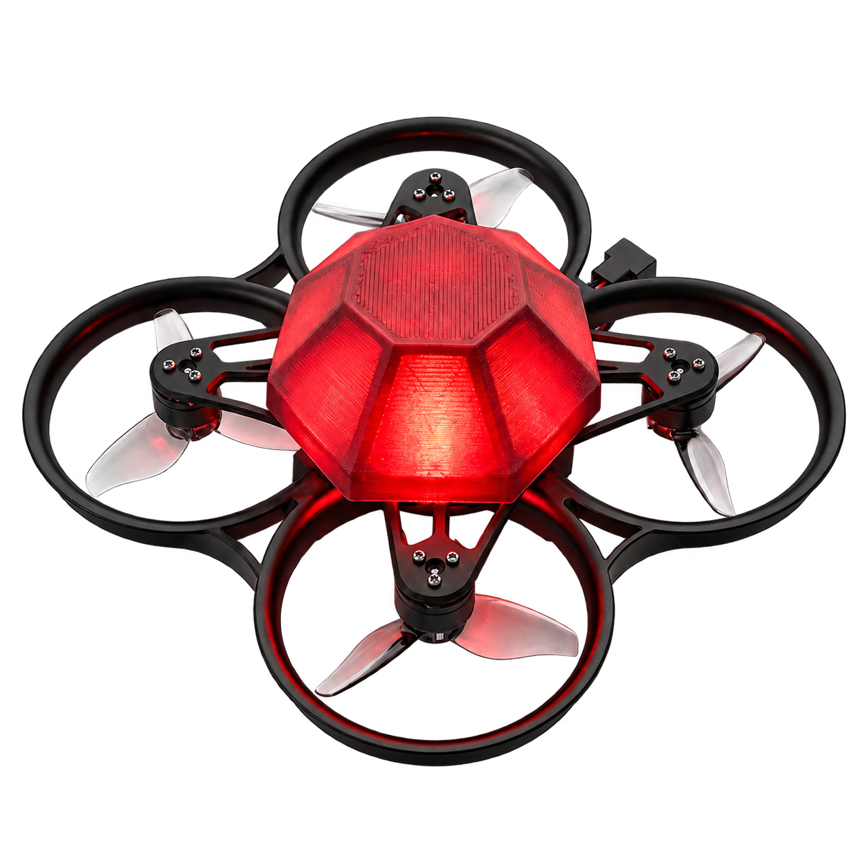 Parallax Arena drone concept with propeller guards and a red-illuminated TPU capsule
