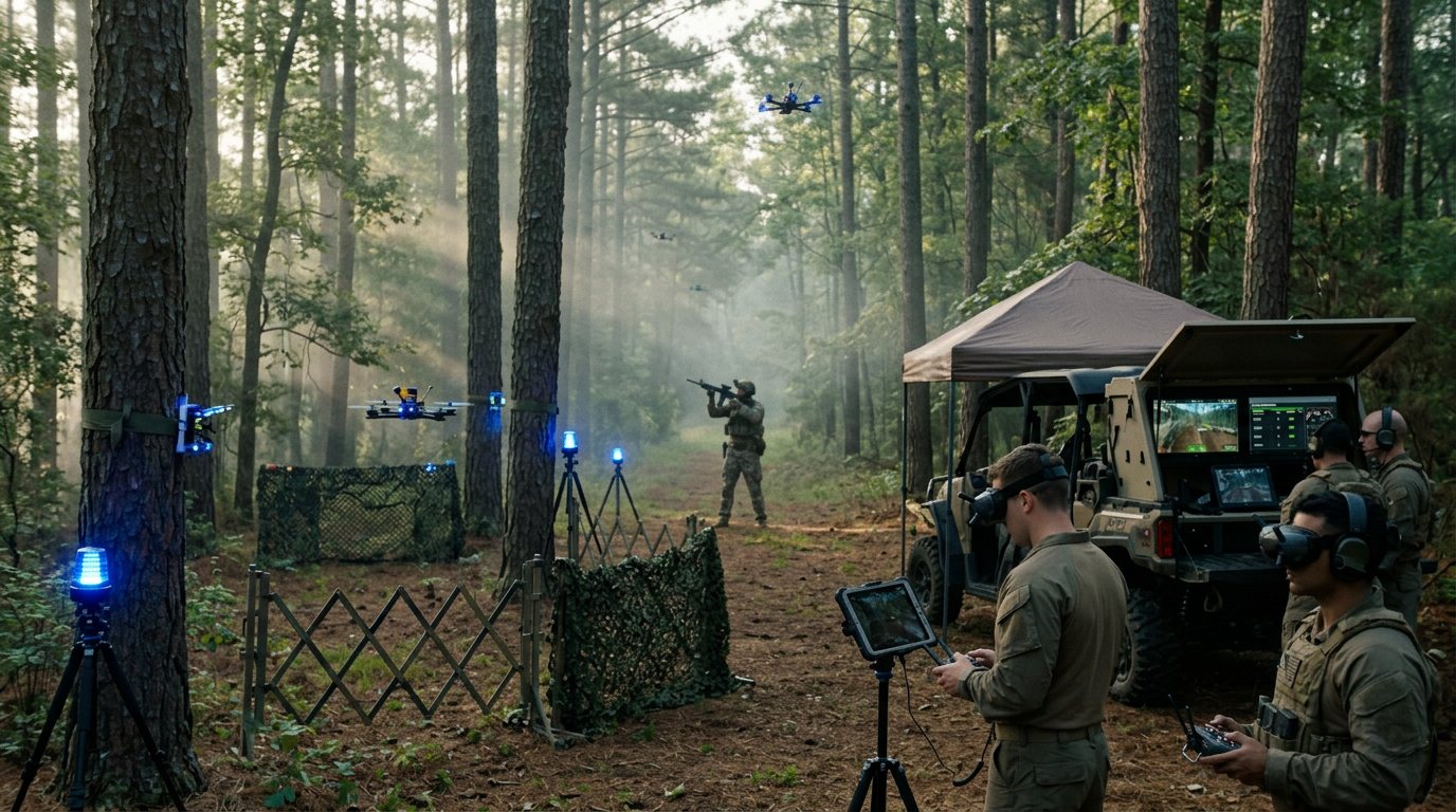 Concept render of Parallax Arena supporting a supervised military red-team or OPFOR drone familiarization exercise in a wooded training lane
