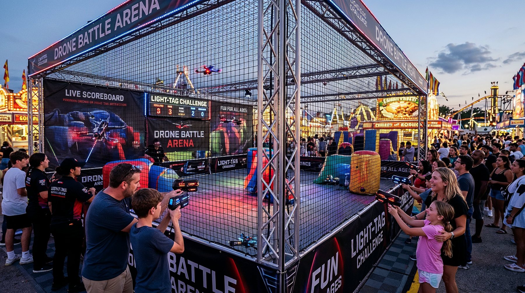 Concept render of Parallax Arena as a supervised outdoor fair attraction with netting, lighting, scoreboards, target zones, and player stations