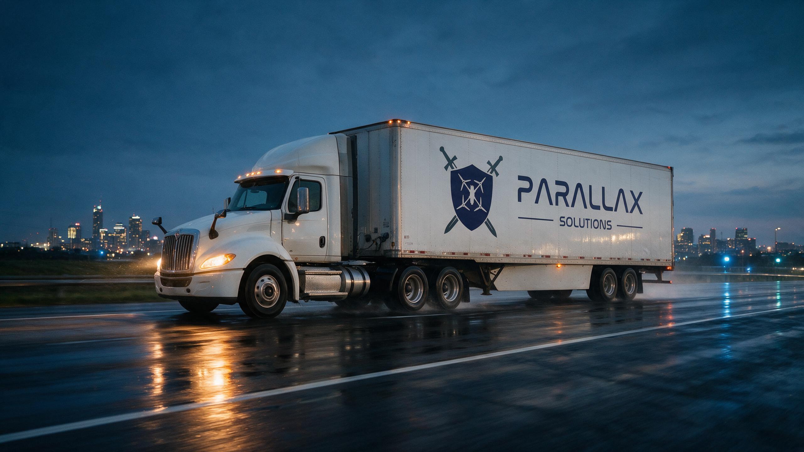 Illustrative render of a Parallax-branded freight truck arriving at dusk