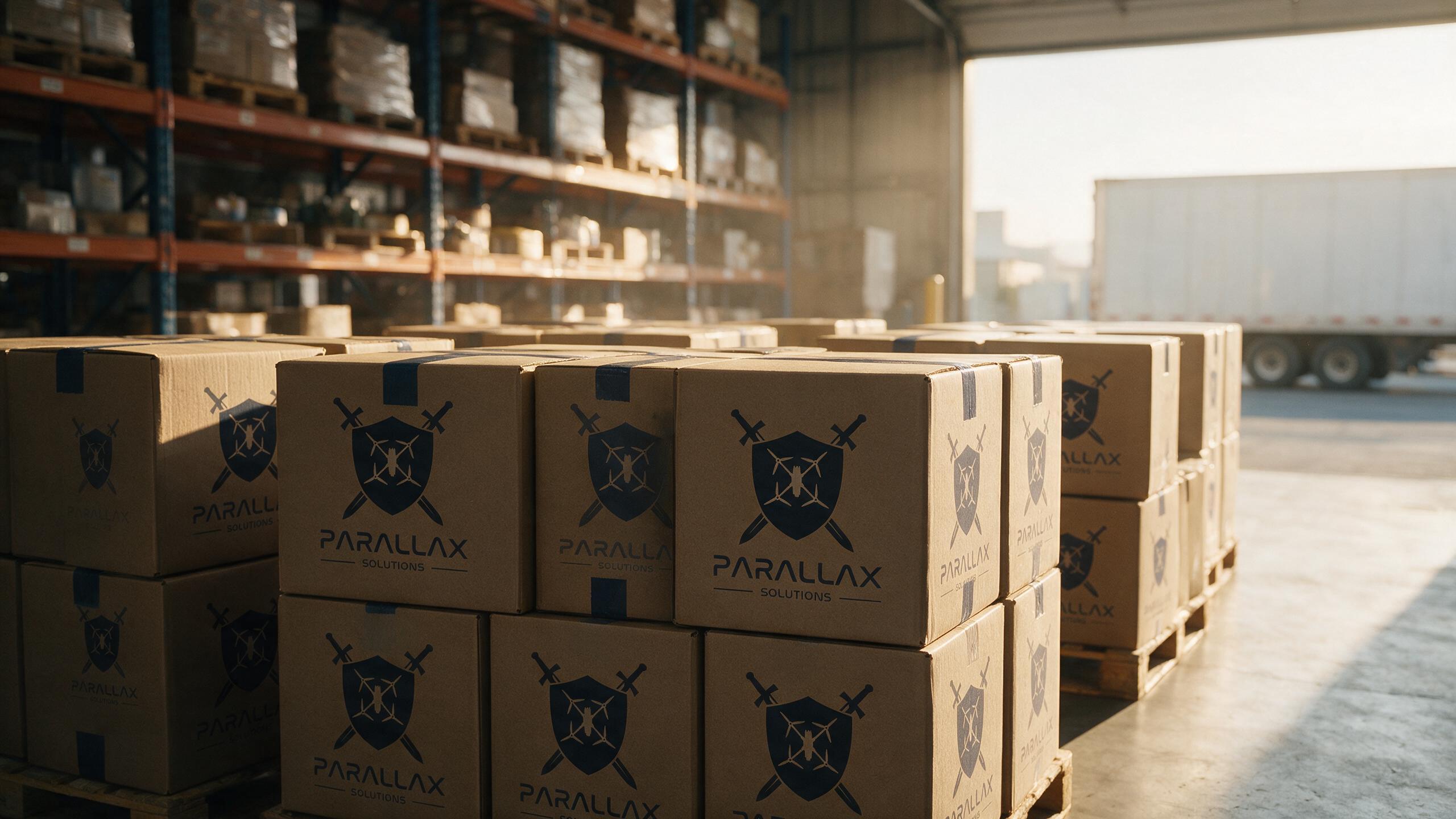 Illustrative render of Parallax-branded cardboard boxes stacked in a warehouse
