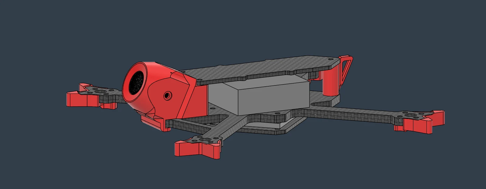 CAD view of a carbon-fiber-style drone frame with red camera housing and motor mounts
