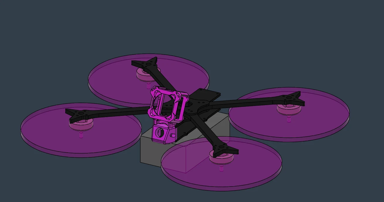 CAD quadcopter assembly with magenta propeller clearance discs