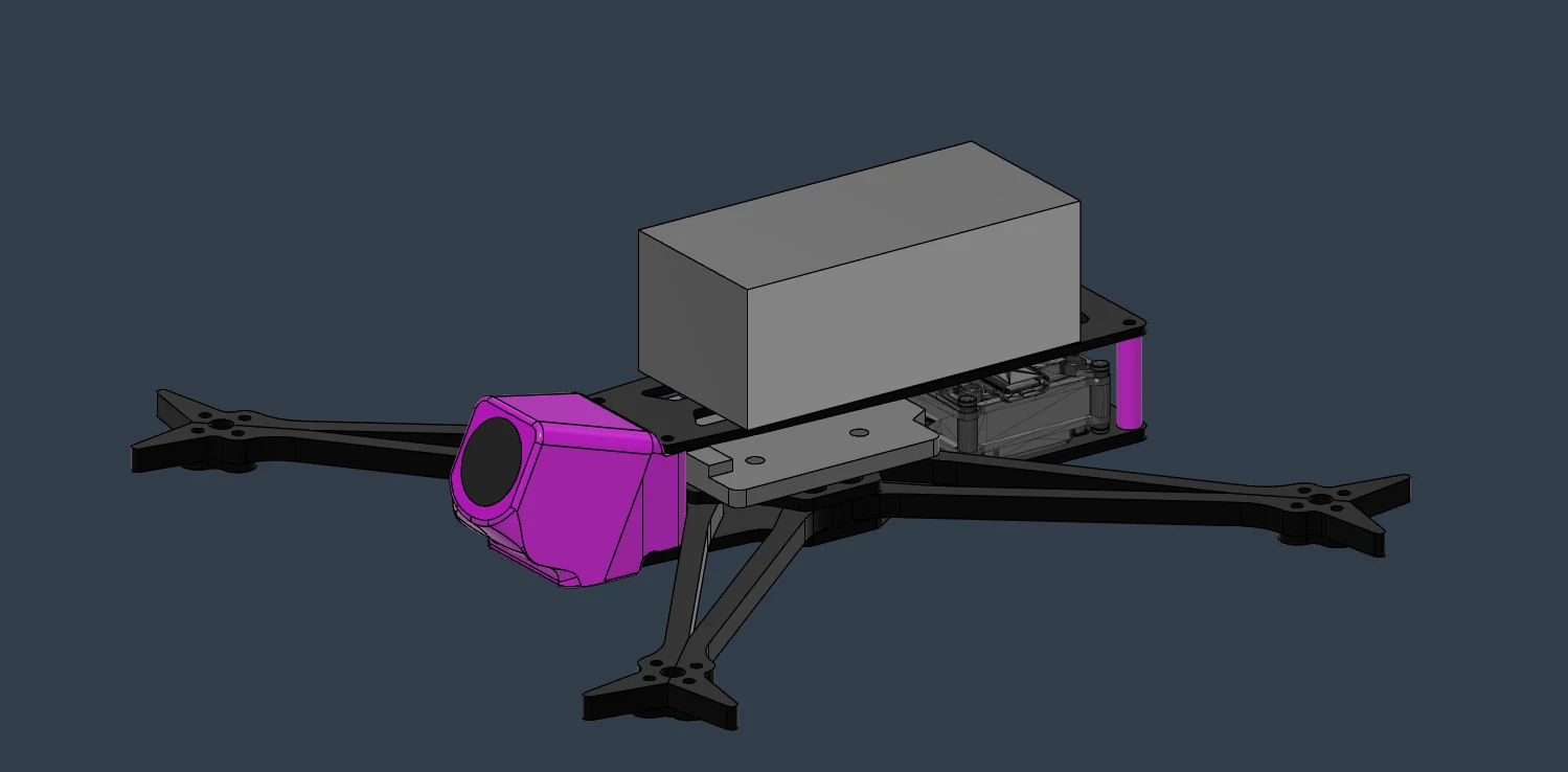 CAD drone assembly with a magenta camera housing and battery volume above the frame