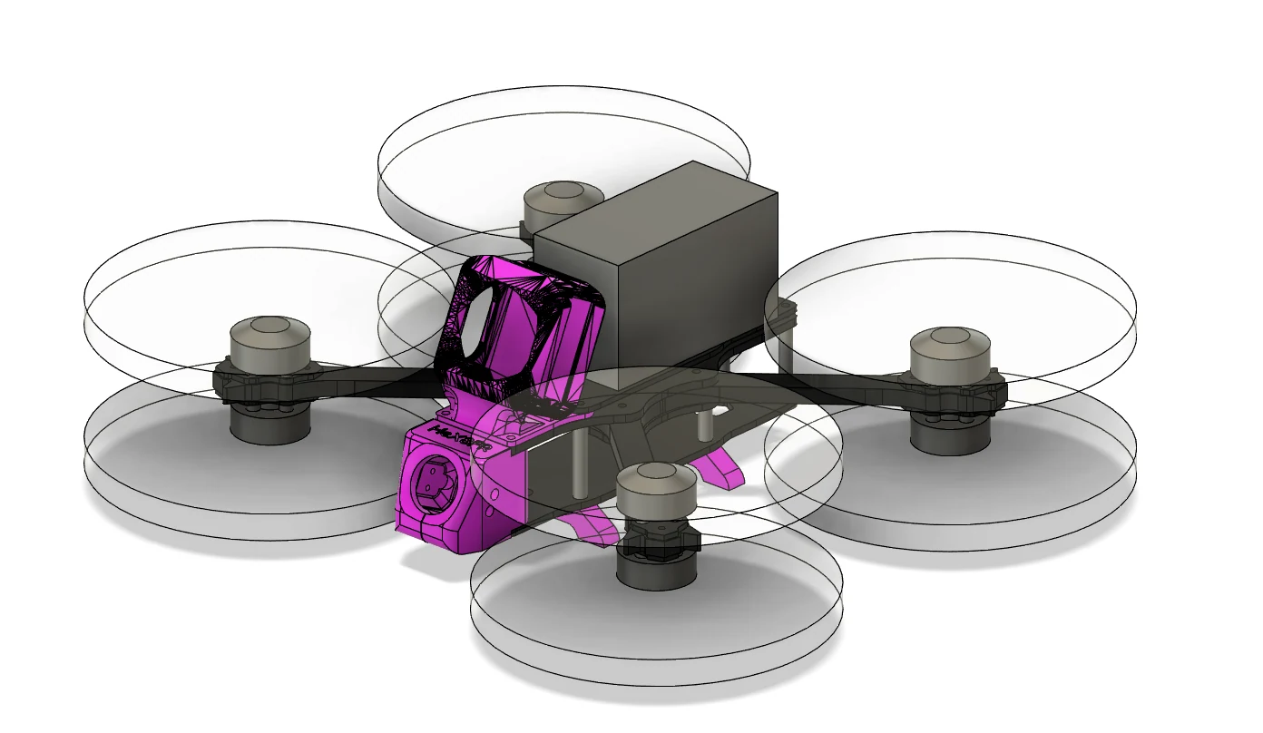 CAD view of a quadcopter layout with camera mounts and transparent propeller clearance volumes