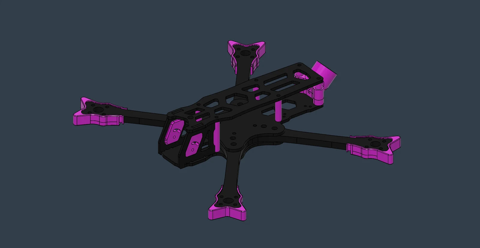 CAD quadcopter frame with black plates and magenta protective mounts