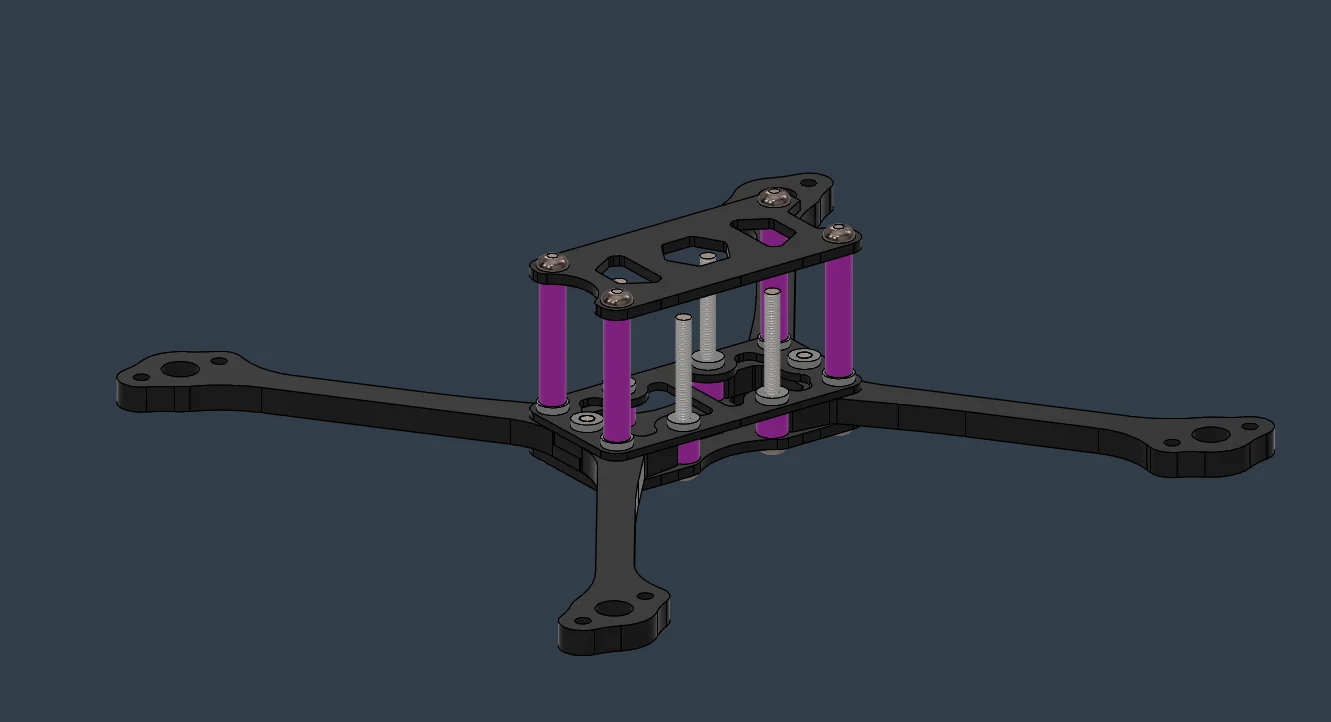 CAD view of a drone frame with black plates and purple standoffs