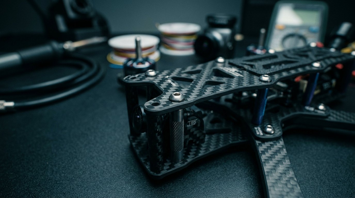 Carbon-fiber FPV drone frame staged on a workshop bench with electronics tools in the background